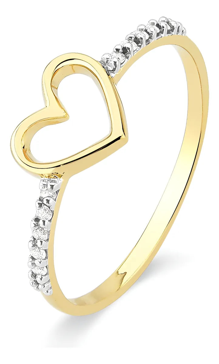 Anel Feminino De Ouro 18k Coração Vazado Com Diamantes