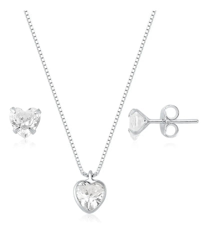 Colar Prata 925 Legítima + Brincos Feminino Coração Zircônia Prata