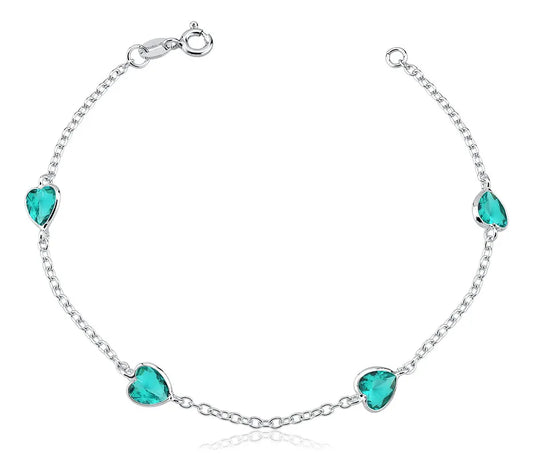 Pulseira Prata 925 Feminina Coração Zirconia Turmarlina Comprimento 18cm
