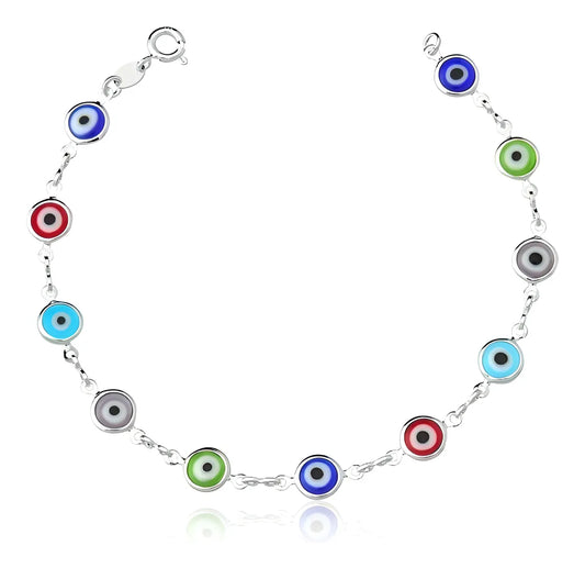 Pulseira Prata 925 Olho Grego Colorido Céu de Prata 19cm